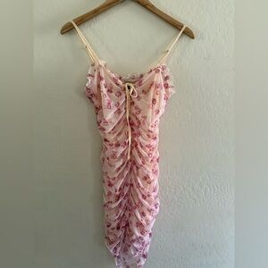 Floral Ruched Dress with Pink Accents